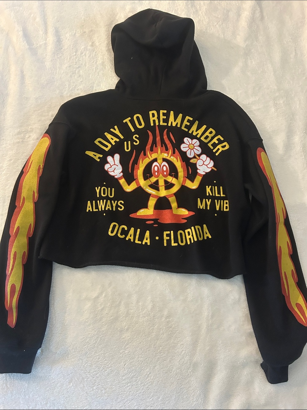 Black Cropped Hoodie Sweater with Flame Sleeves